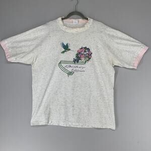 Alora Women T Shirt XL White Gray Bishop CA Flower Hummingbird 1983 Vintage